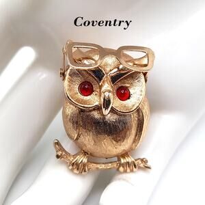 Vintage Coventry Owl Brooch Gold Tone Red Eyes Moving Glasses 1970s